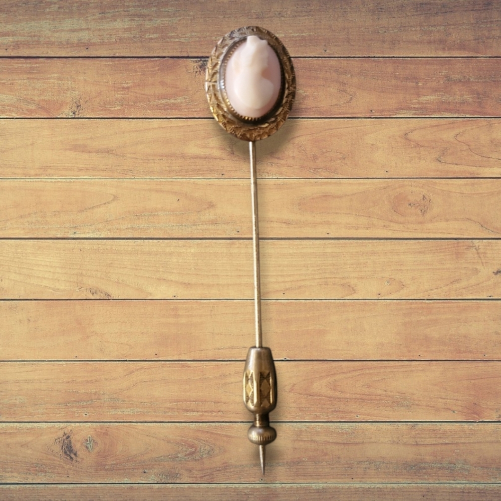 Vintage Cameo Hat Pin with Gold Accents Antique Accessories Jewelry ✨️